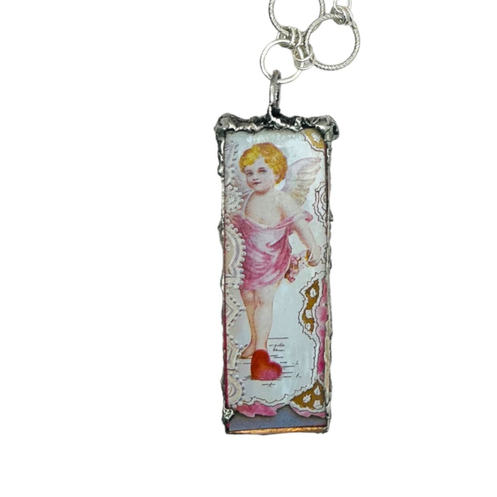 VINTG Valentines Day Card Tiny Canvas Pendant & Handmade W/ Pink Quartz & Pearls - Picture 8 of 16